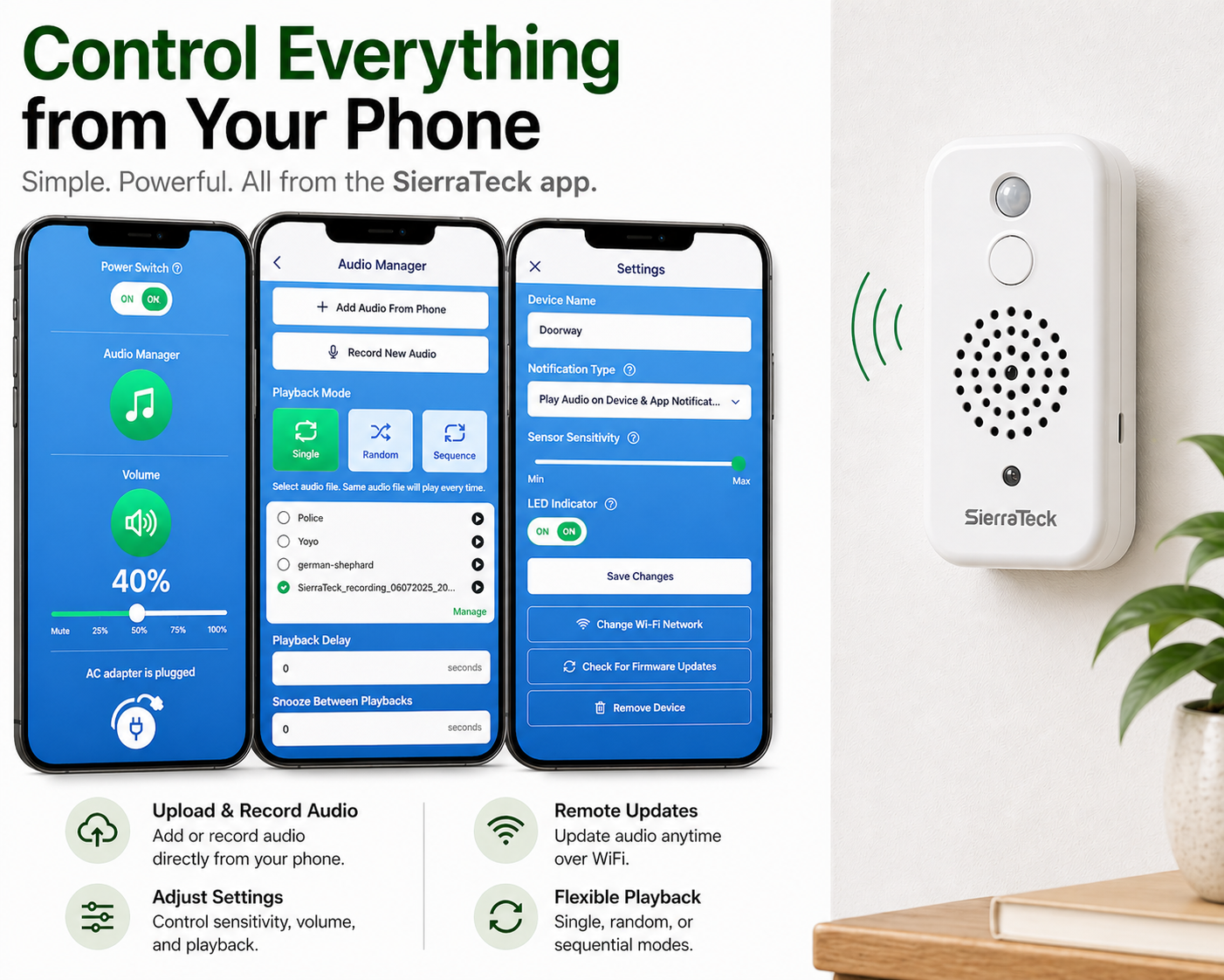 SierraTeck Pro – Smart Motion-Activated Audio Player with Wi-Fi & App Control